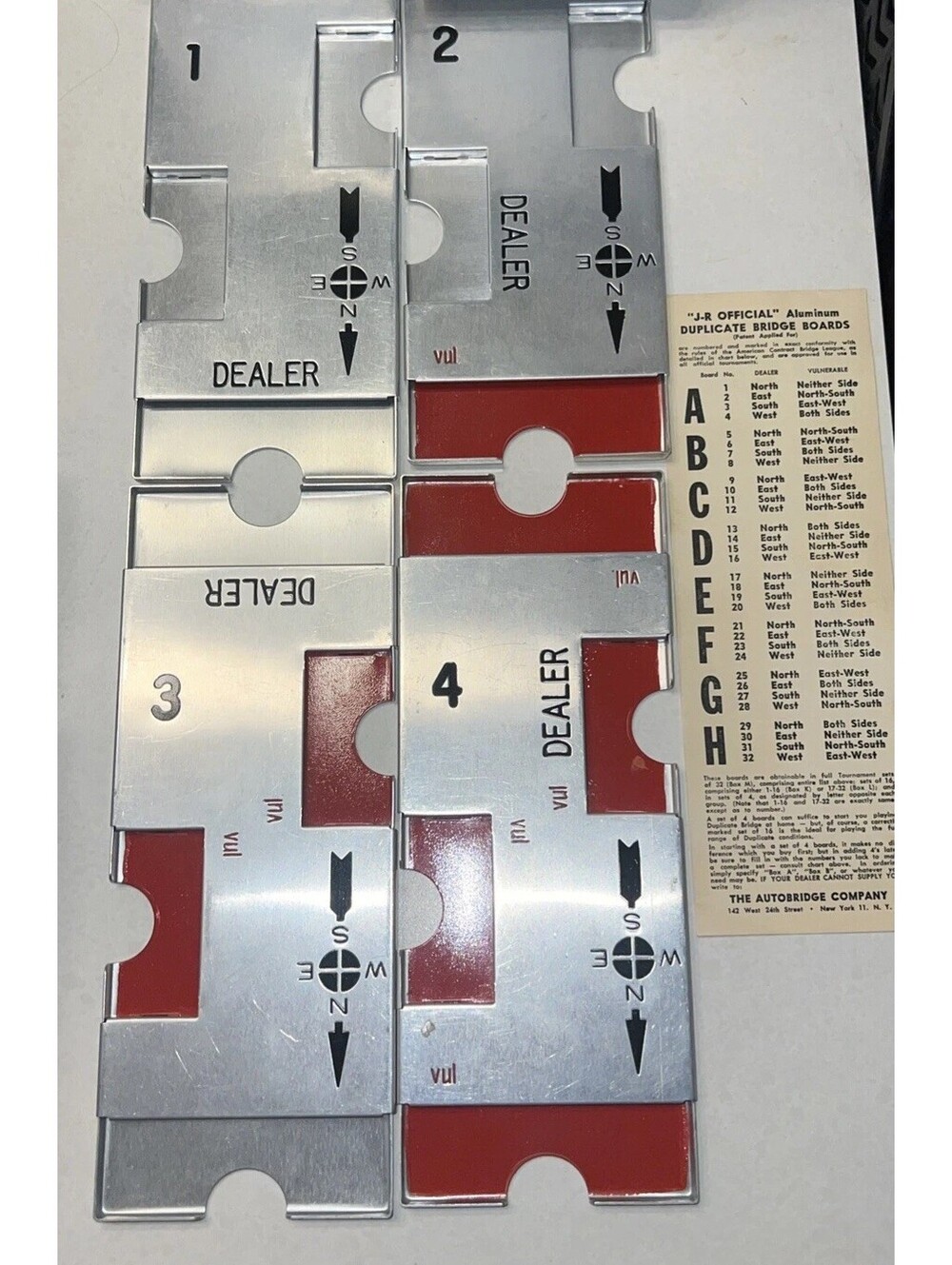 J-R Aluminum Duplicate Bridge Boards - Set "A" 1 - 4  Nice Vintage Condition